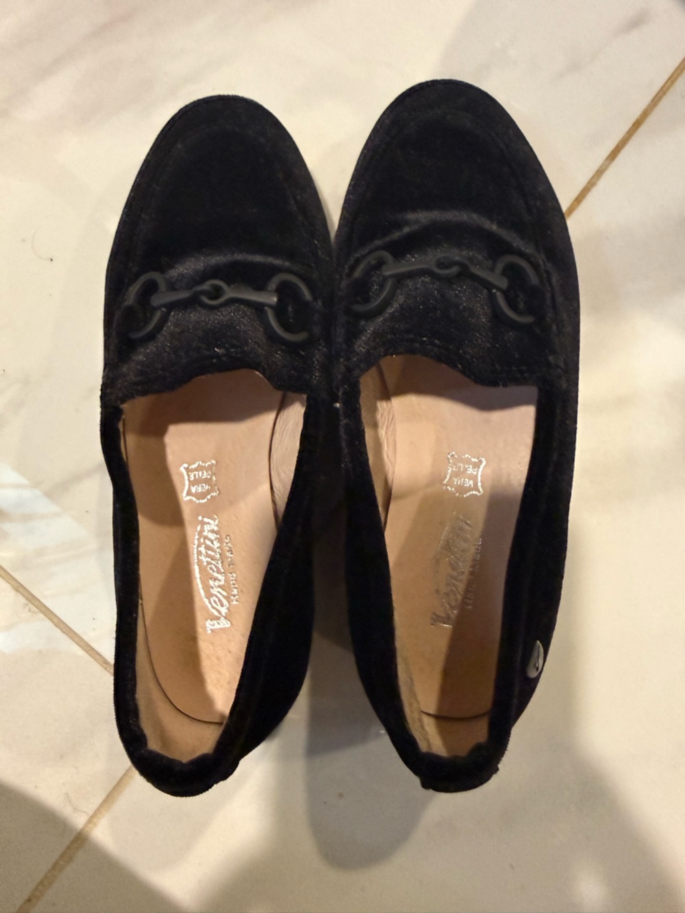 Venettini Black Velvet Loafers with Matte Chain Accent